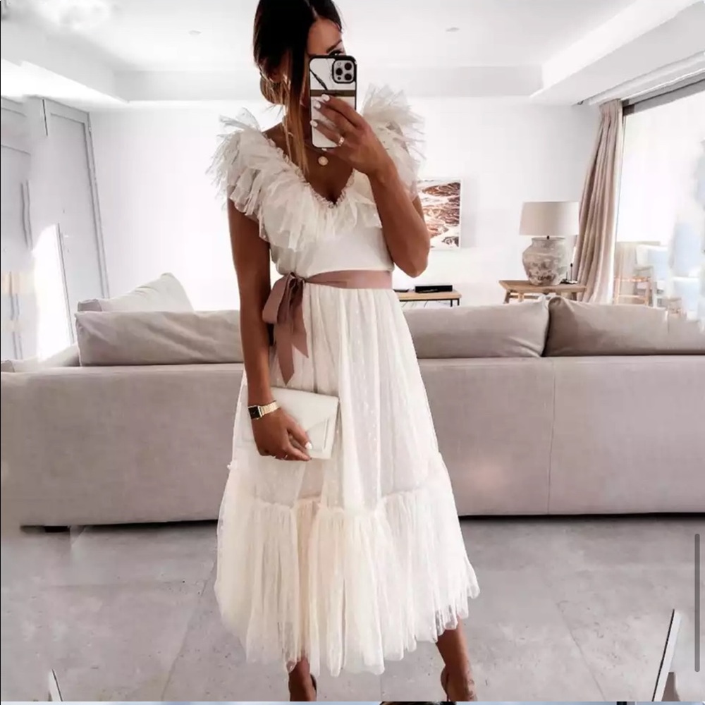 White Ruffle Tulle Elegant Pleated Dress